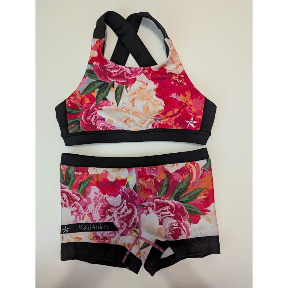 Rebel Athletic red and pink floral set bra and shorts YL cheer dance